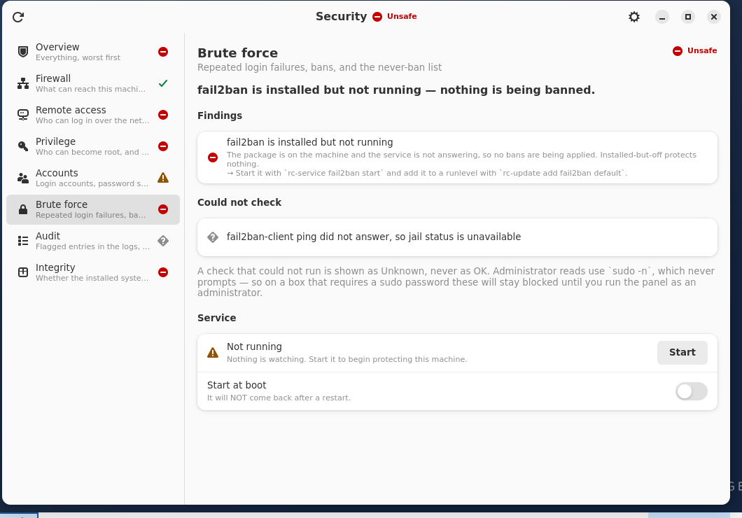 The Security panel's Brute force tab: fail2ban installed but not
running, with Start and Start-at-boot controls