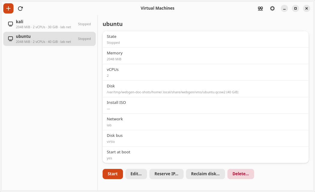 The Virtual Machines window: two guests listed on the left, the selected guest's settings on the right, and the row of actions Start, Edit, Reserve IP, Reclaim disk and Delete